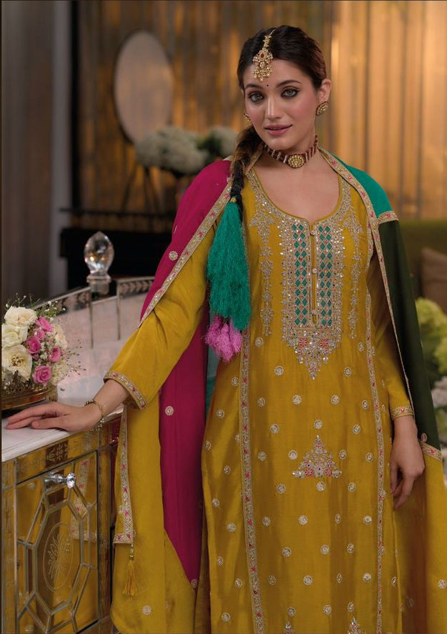 Yellow Chinnon Embroidered Salwar Kameez