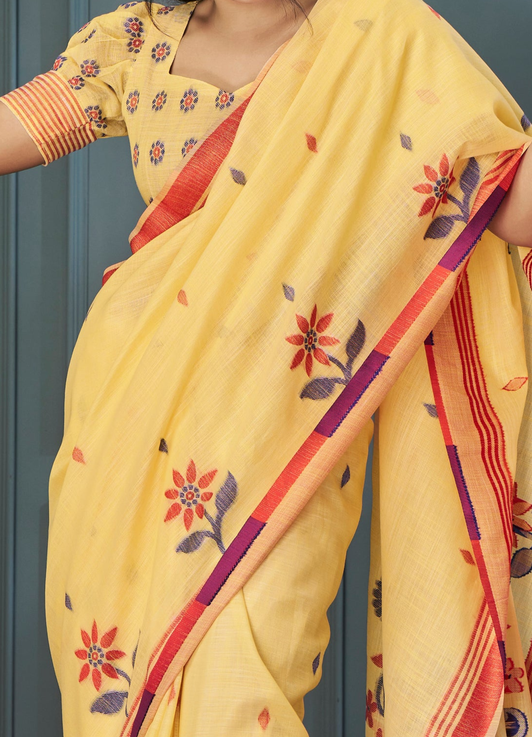 Radiant Yellow Handloom Linen Silk Saree with Intricate Weaving