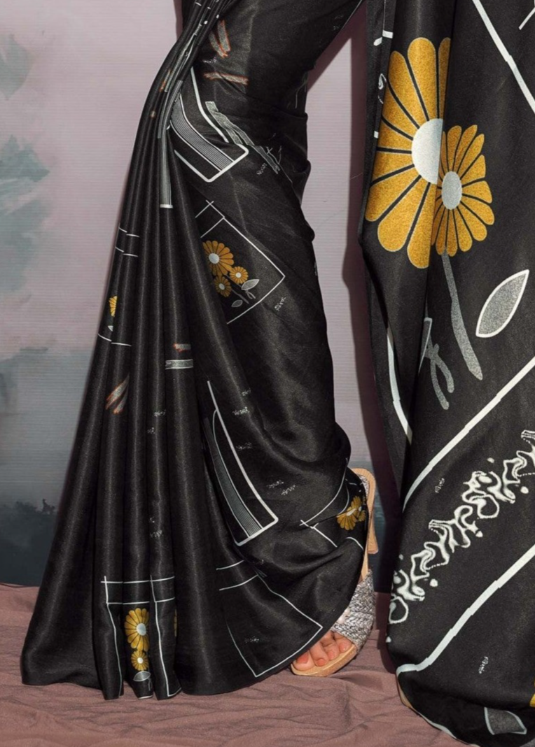 Cape Cod Black Printed Satin Silk Saree