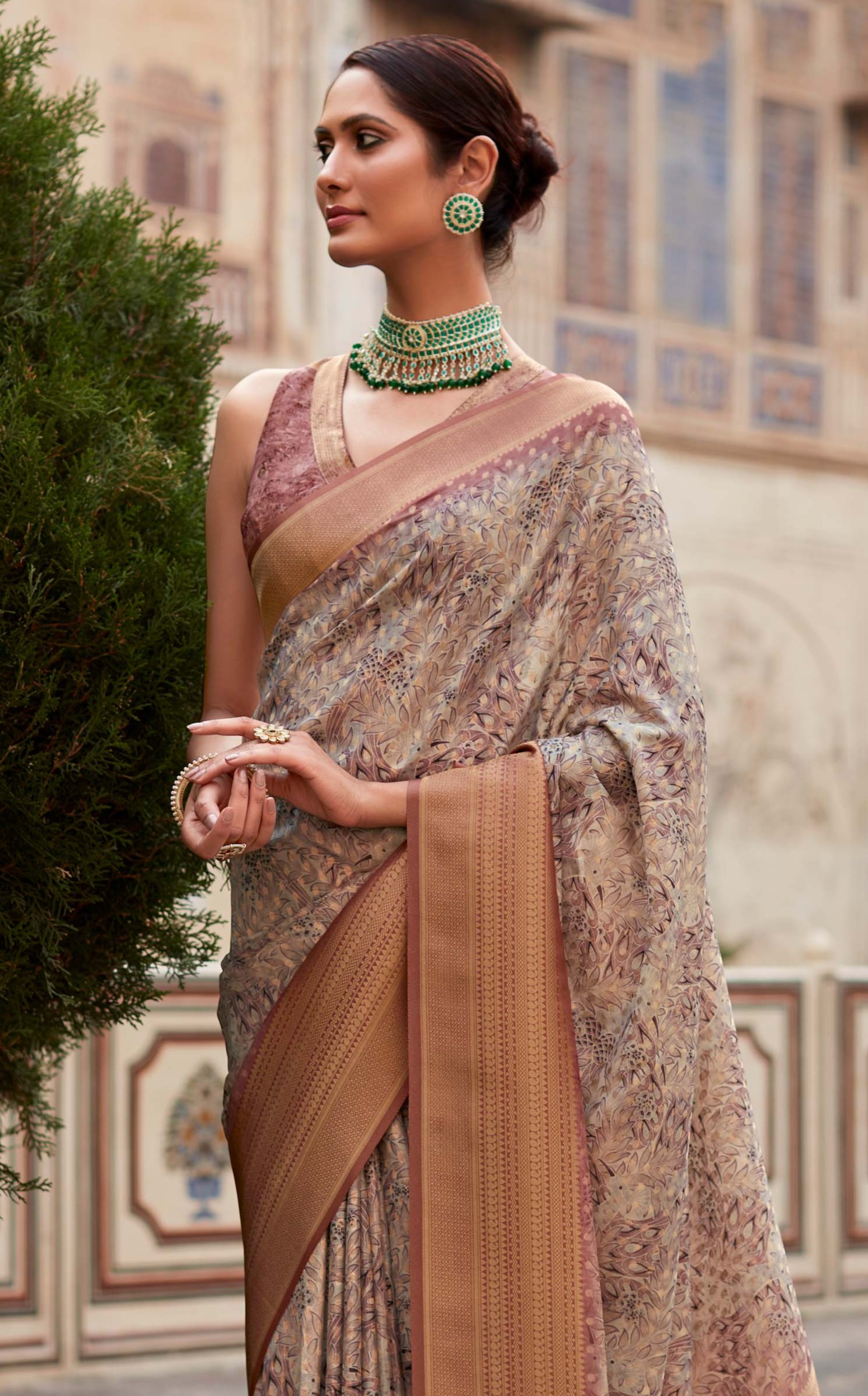 Sepia Brown Banarasi Digital Printed Silk Saree