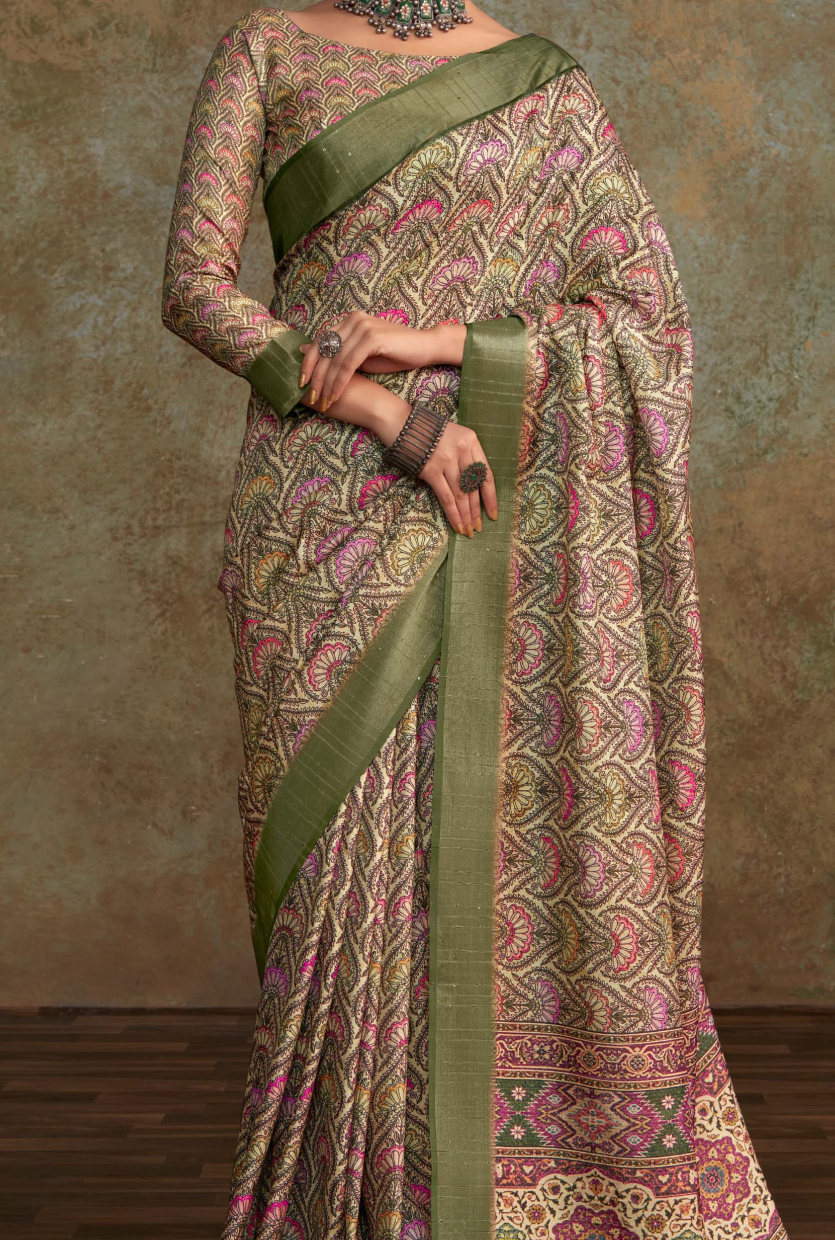 Elegant Olive Green Banarasi Digital Printed Saree