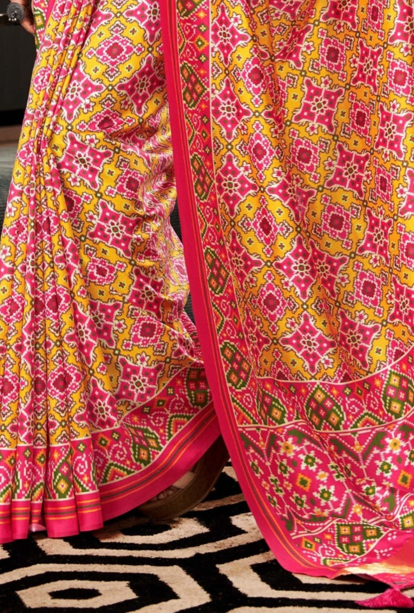 Dual Tone Yellow and Pink Printed Patola Saree