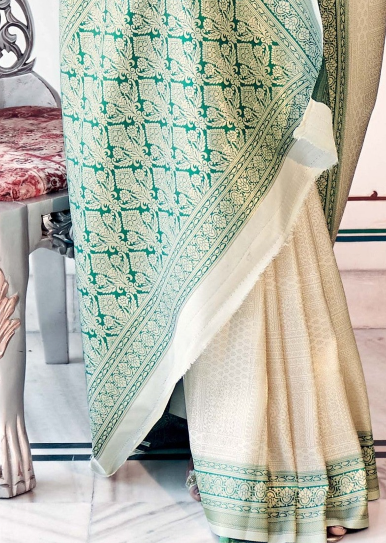 Porcelain White and Green Woven Kanjivaram Silk Saree