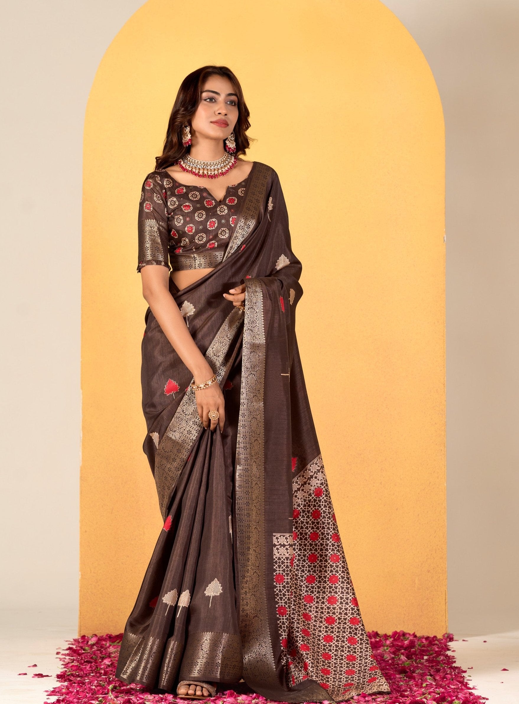 Soft Dola Silk with Foil Print in Brown Color