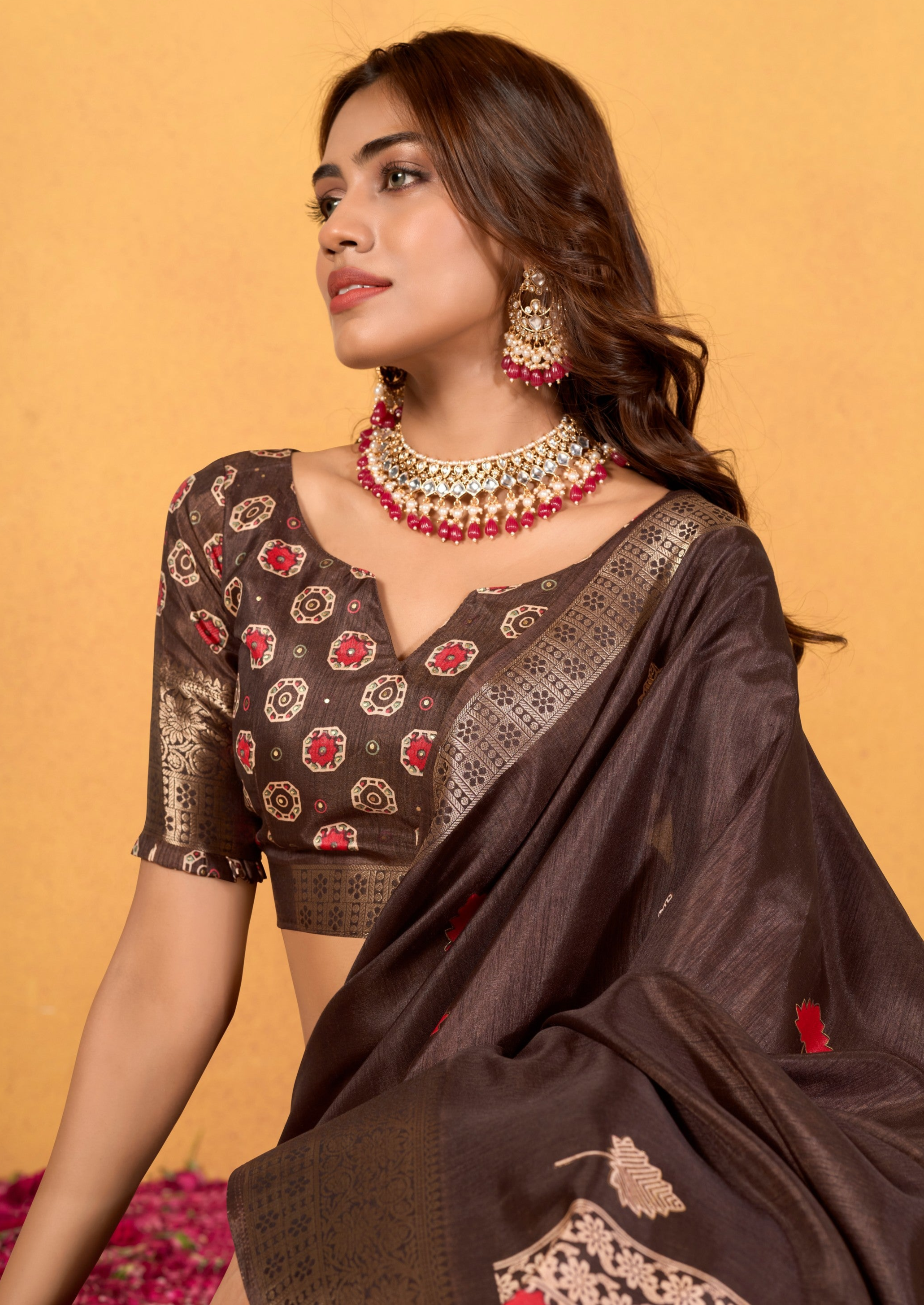 Soft Dola Silk with Foil Print in Brown Color