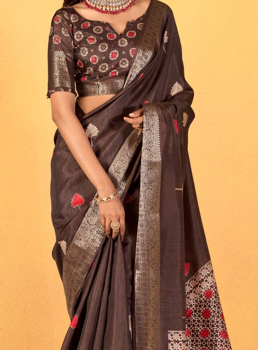 Soft Dola Silk with Foil Print in Brown Color