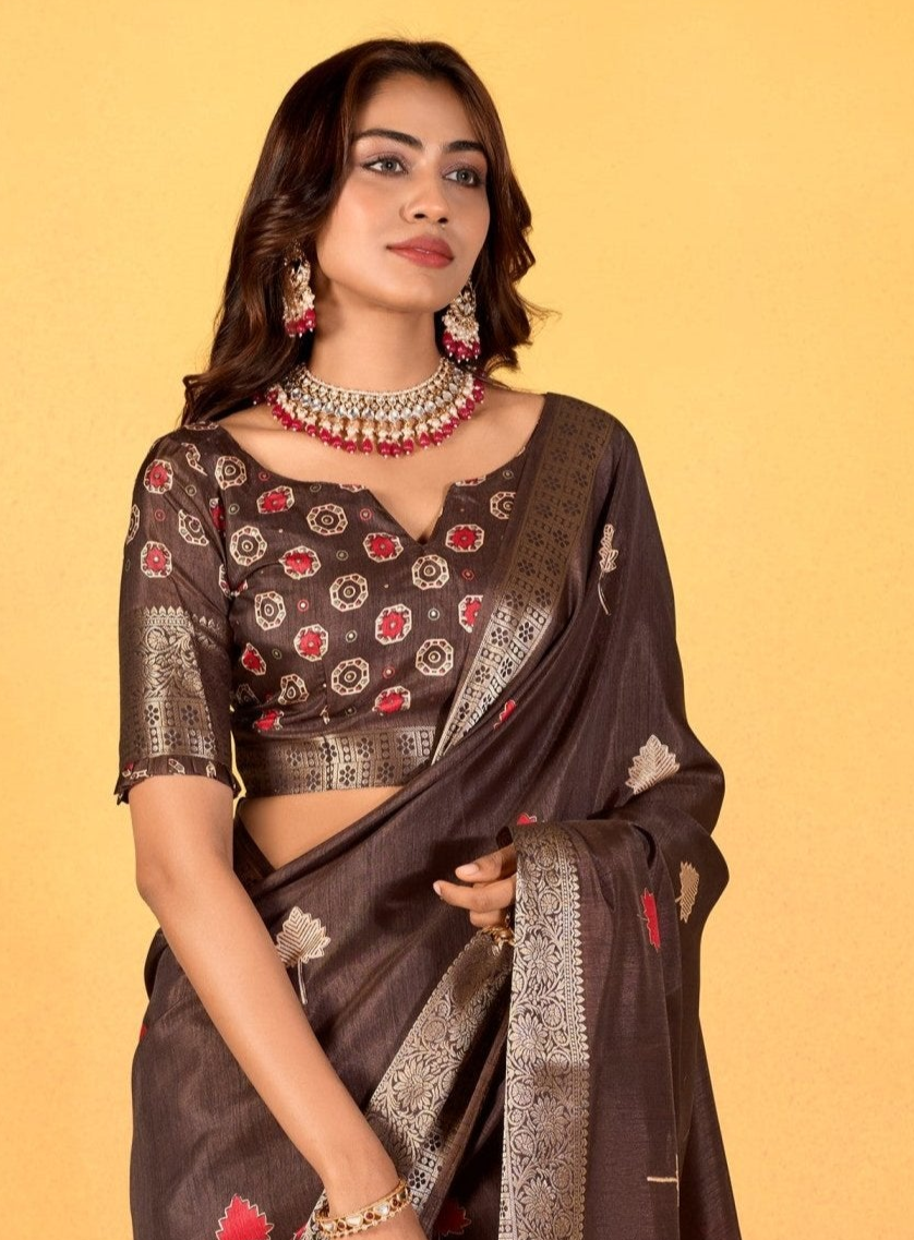 Soft Dola Silk with Foil Print in Brown Color