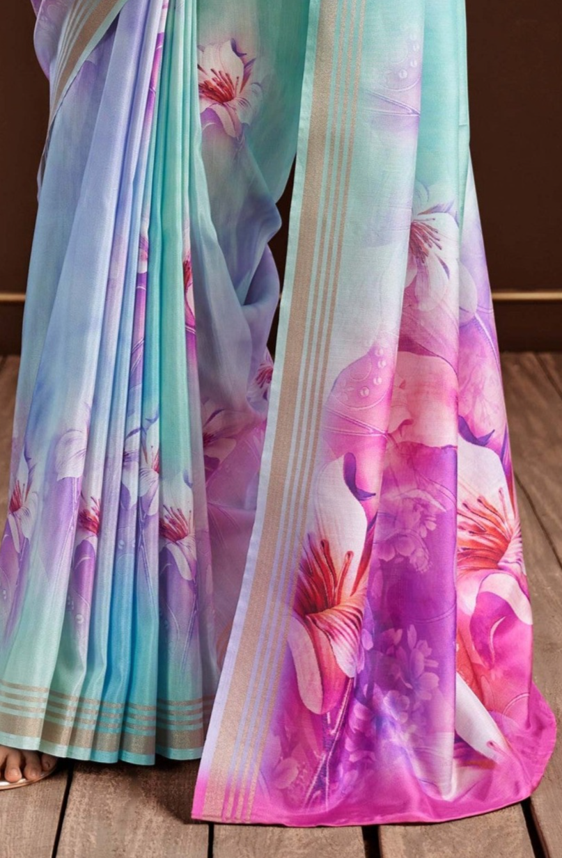 Azure Blossoms Blue Floral Digital Print Satin Silk Saree