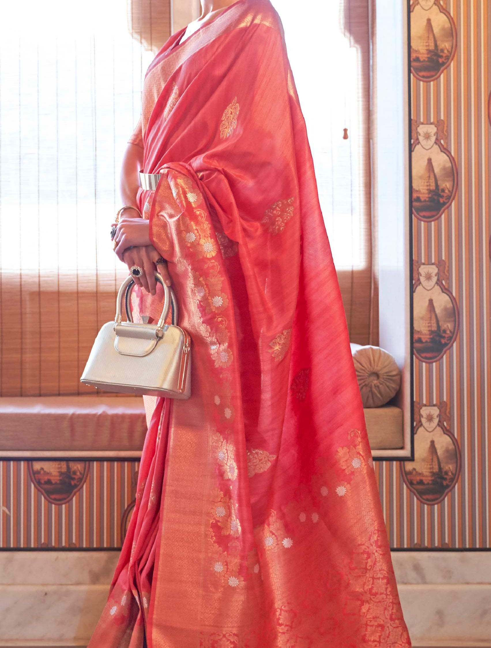 Elegant Crimson Zari Woven Tussar Silk Saree