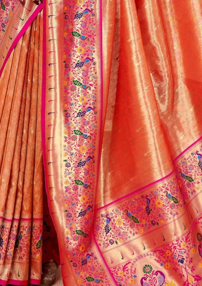 Elegant Peach Zari Woven Banarasi Silk Saree