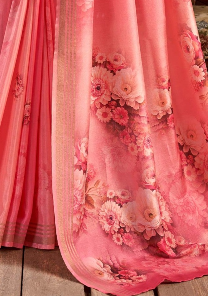 Pink Blossom Blush Floral Digital Print Satin Silk Saree