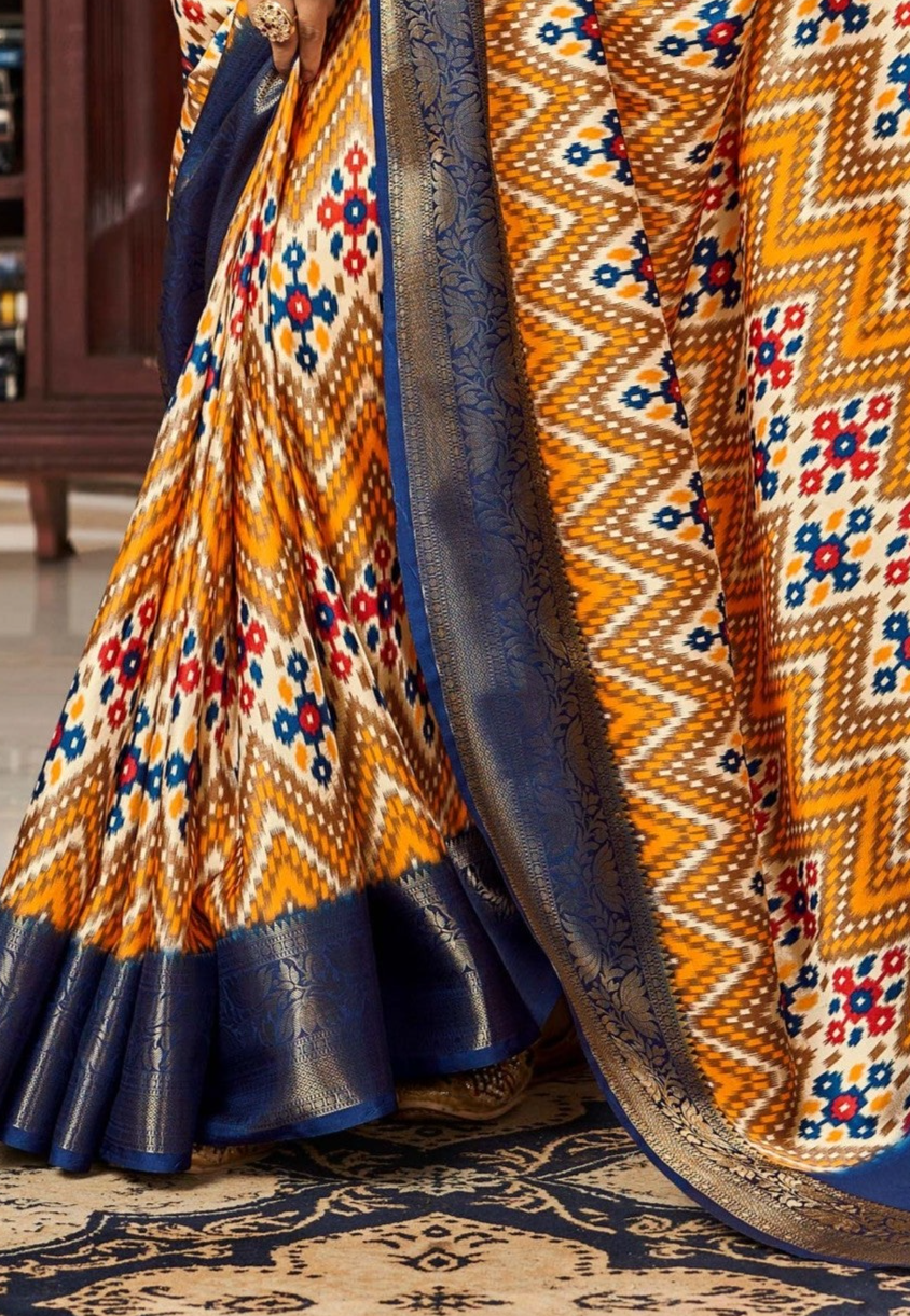 Tacha Yellow and Blue Digital Printed Satin Silk Saree