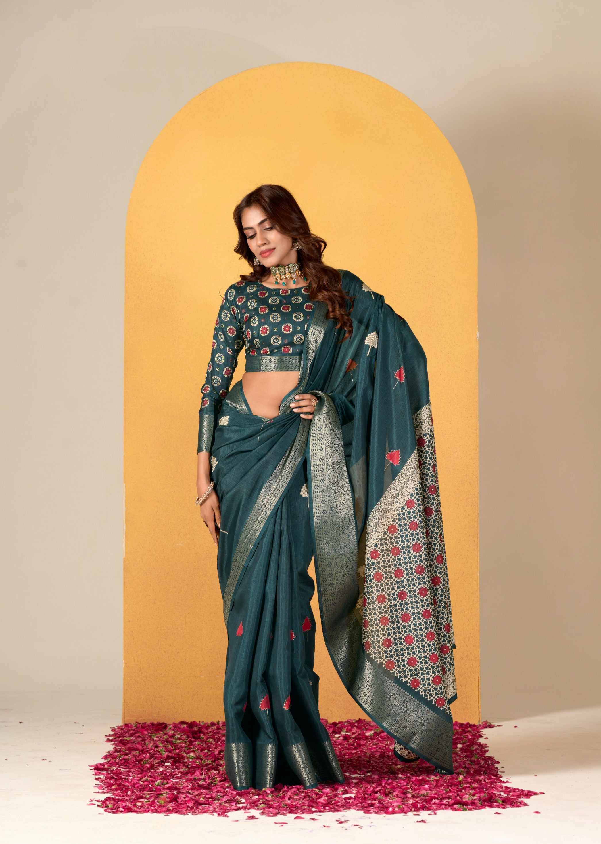 Soft Dola Silk with Foil Print in Dark Green