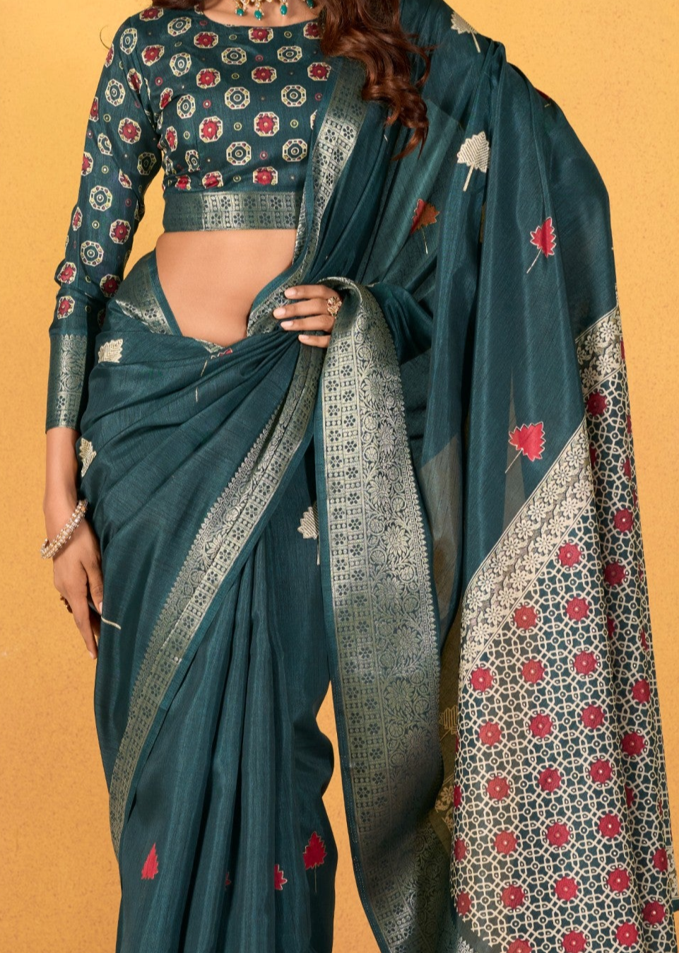 Soft Dola Silk with Foil Print in Dark Green