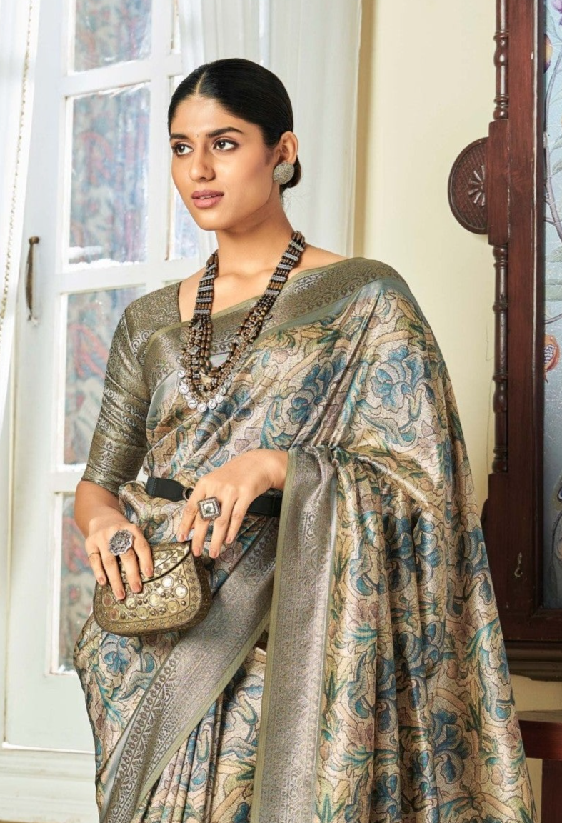 Elegant Grey Banarasi Satin Silk Saree