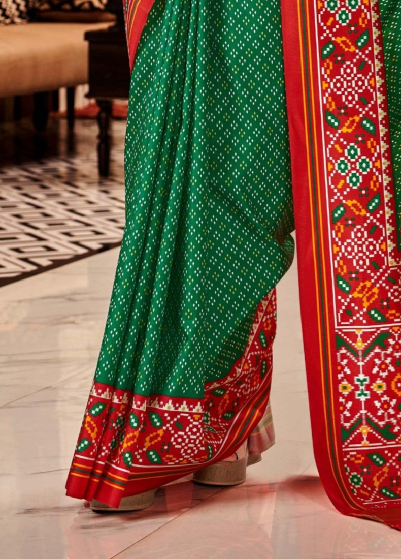 Dual Tone Clover Green and Red Printed Patola Silk Saree