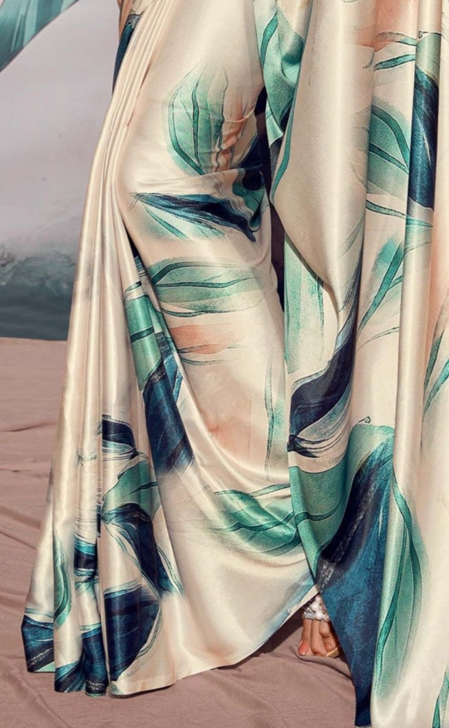 Negroni Cream Colour Printed Satin Silk Saree