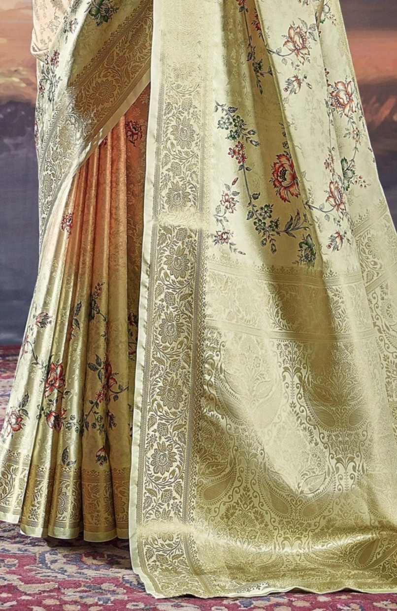 Ethereal Blossom Beige Satin Silk Saree