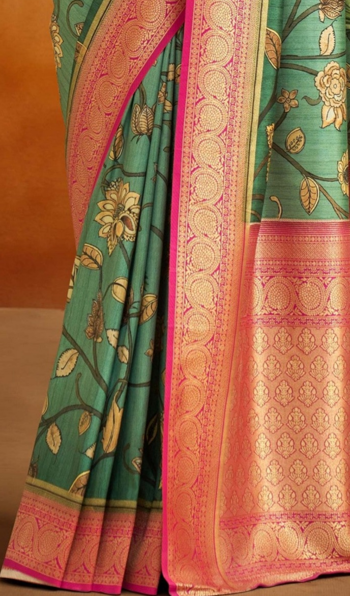 Mint Green Banarasi Kalamkari Silk Saree - Blossoming Elegance