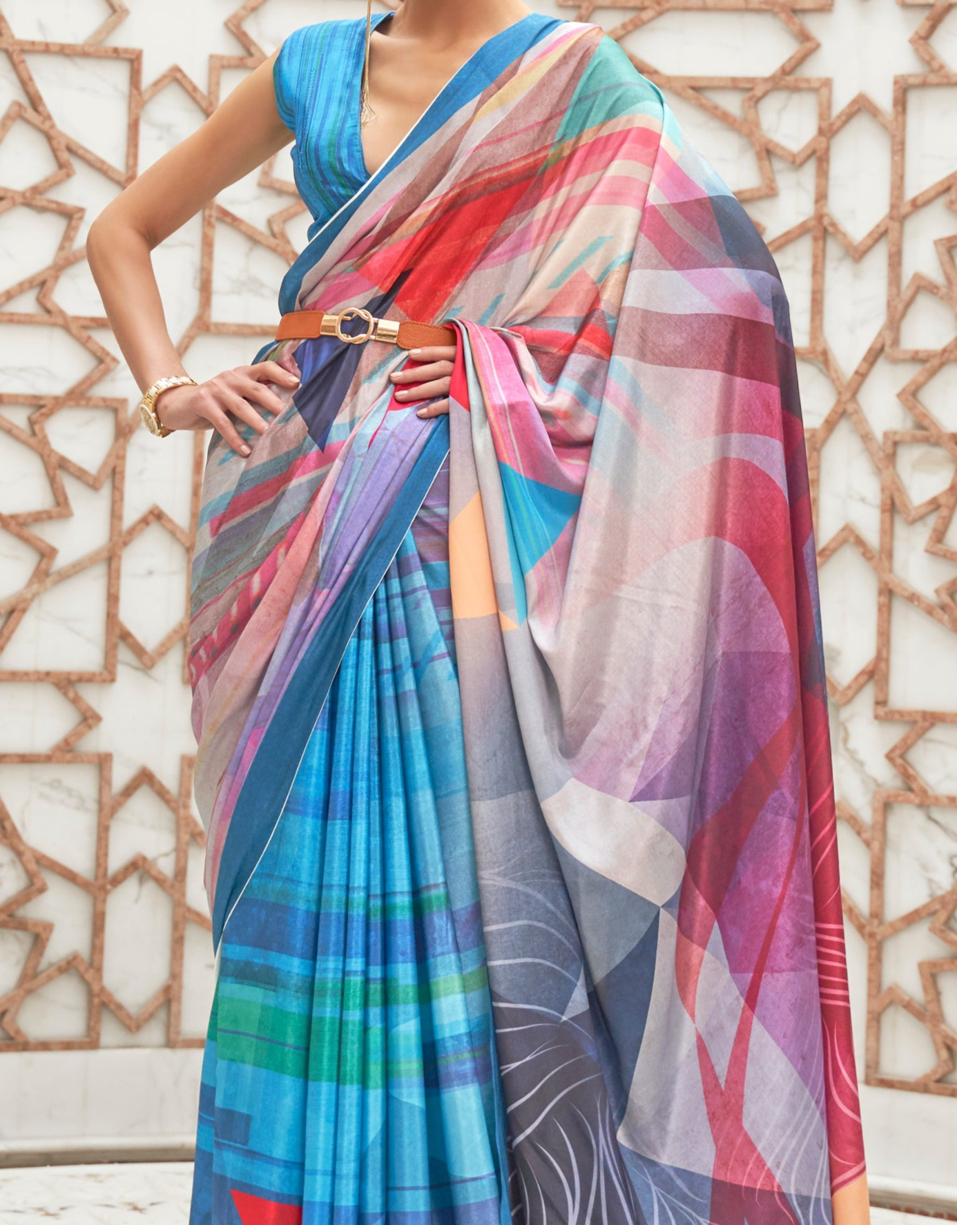 Tranquil Water Blue Kalamkari Printed Crepe Saree