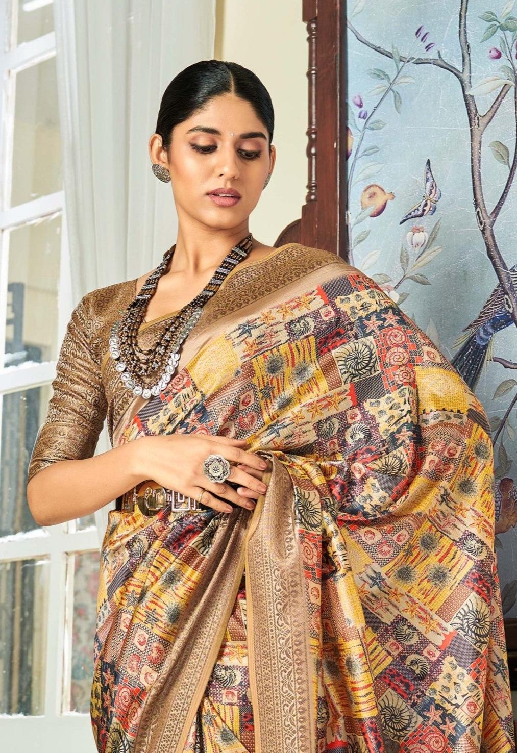 Elegant Beige Banarasi Satin Silk Saree