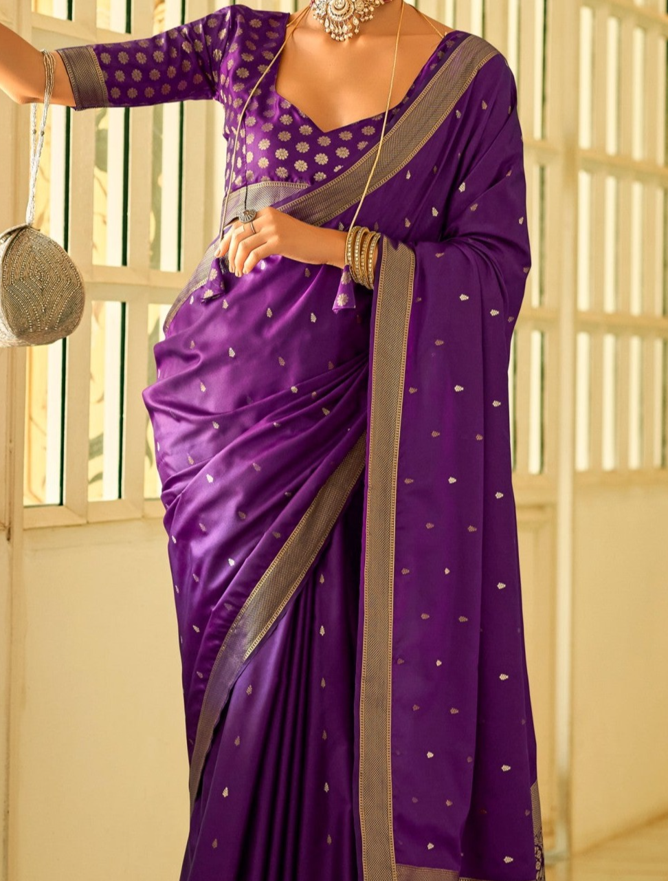 Elegant Purple Zari Woven Satin Silk Saree