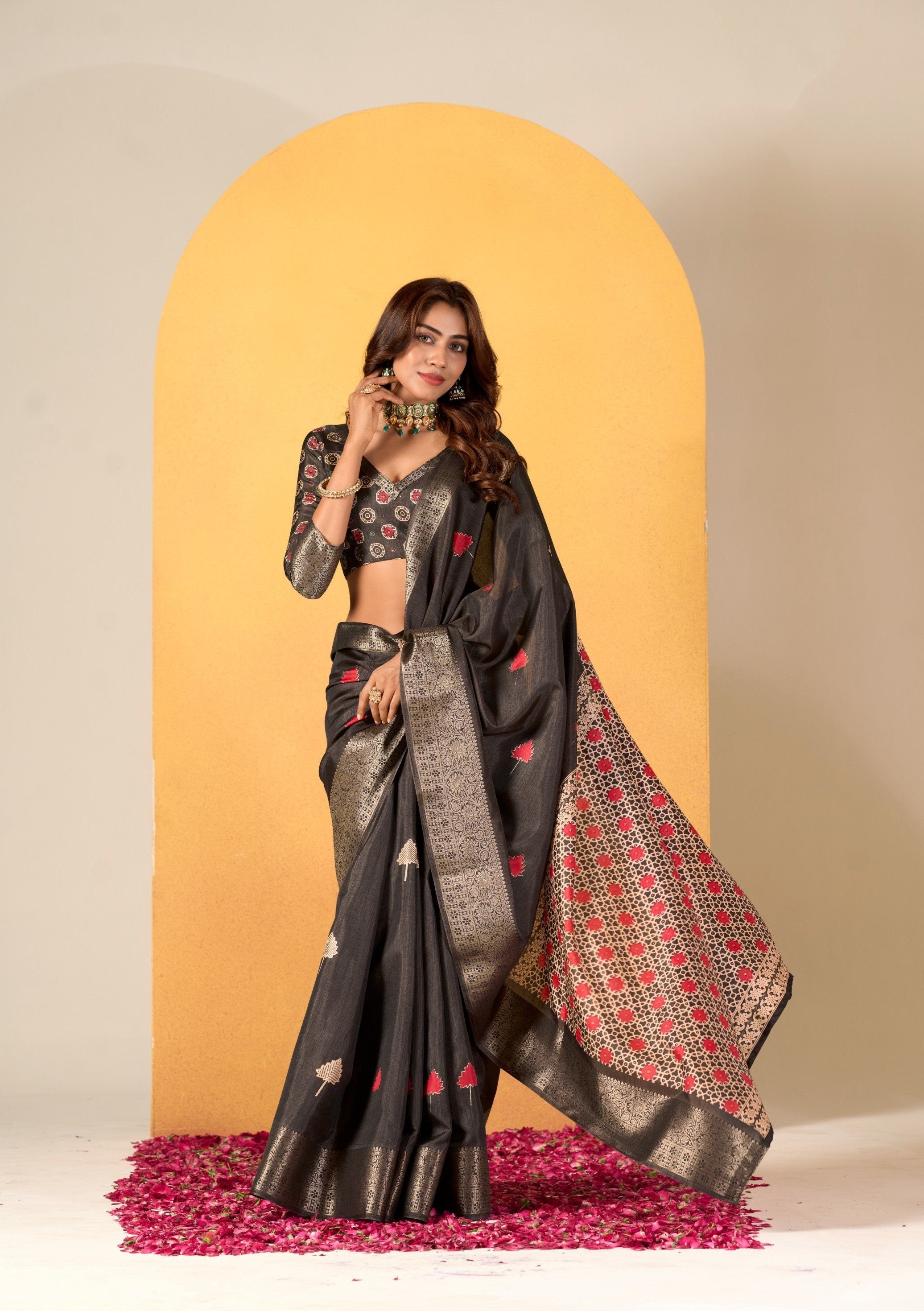 Soft Dola Silk with Foil Print in Light Black