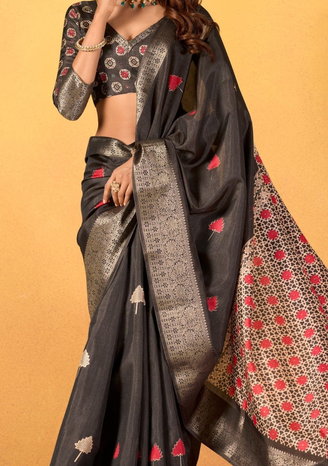 Soft Dola Silk with Foil Print in Light Black