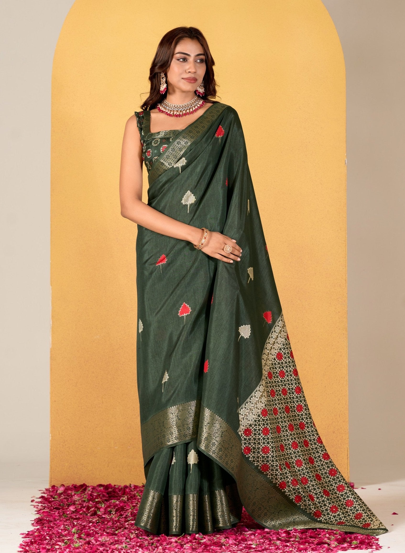 Soft Dola Silk with Foil Print in Olive Green