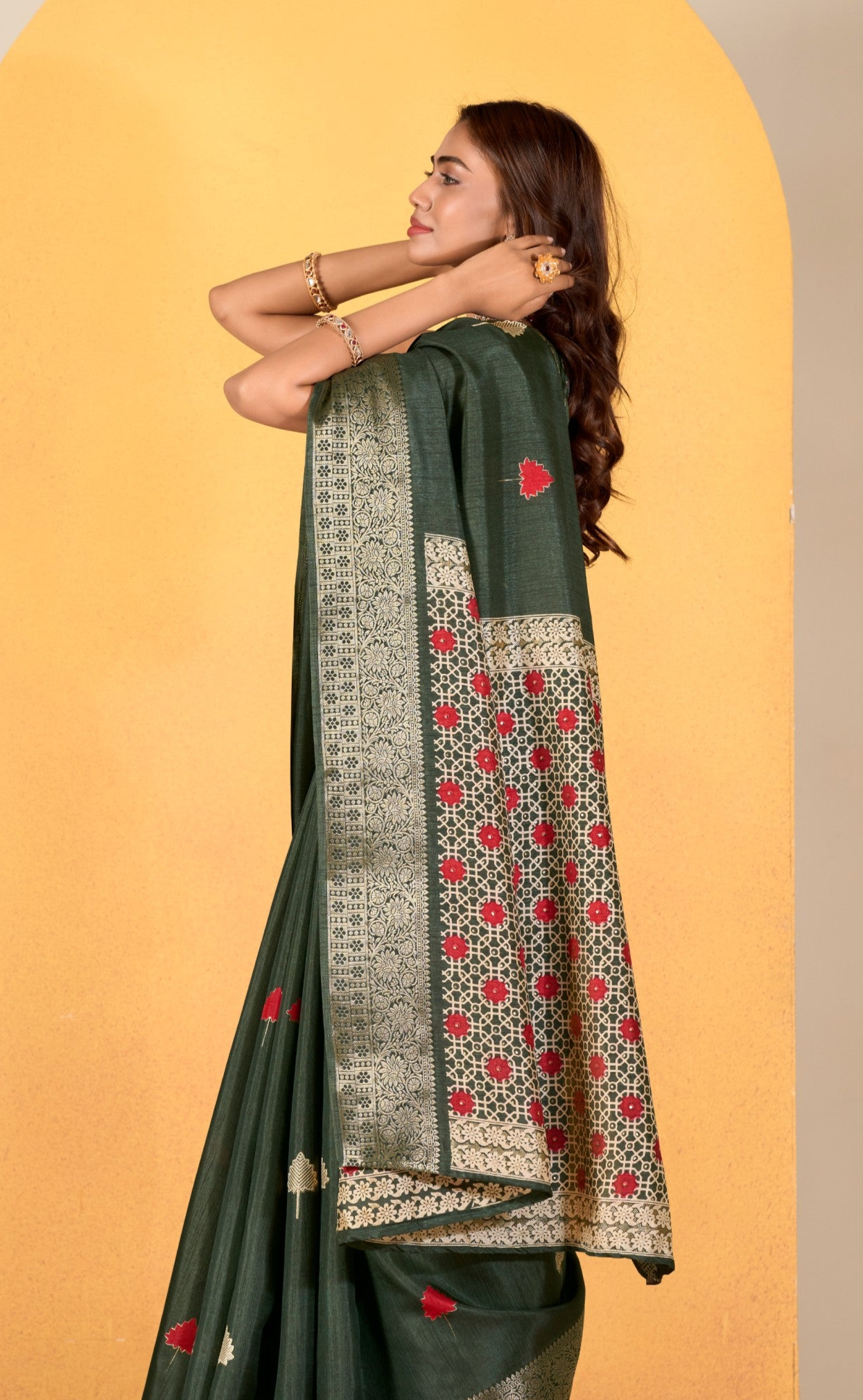 Soft Dola Silk with Foil Print in Olive Green