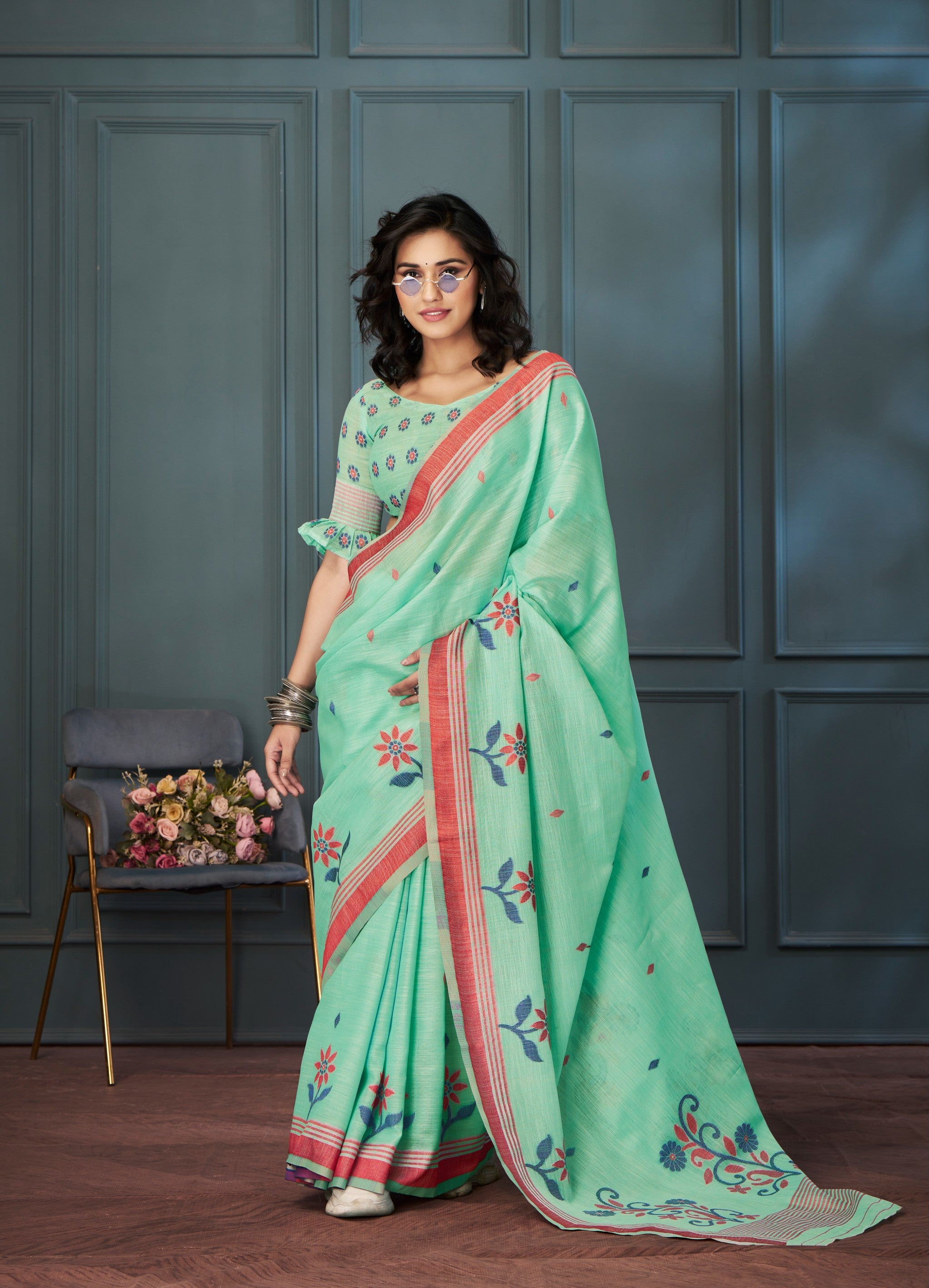 Serene Sea Green Handloom Linen Silk Saree  with Intricate Weaving