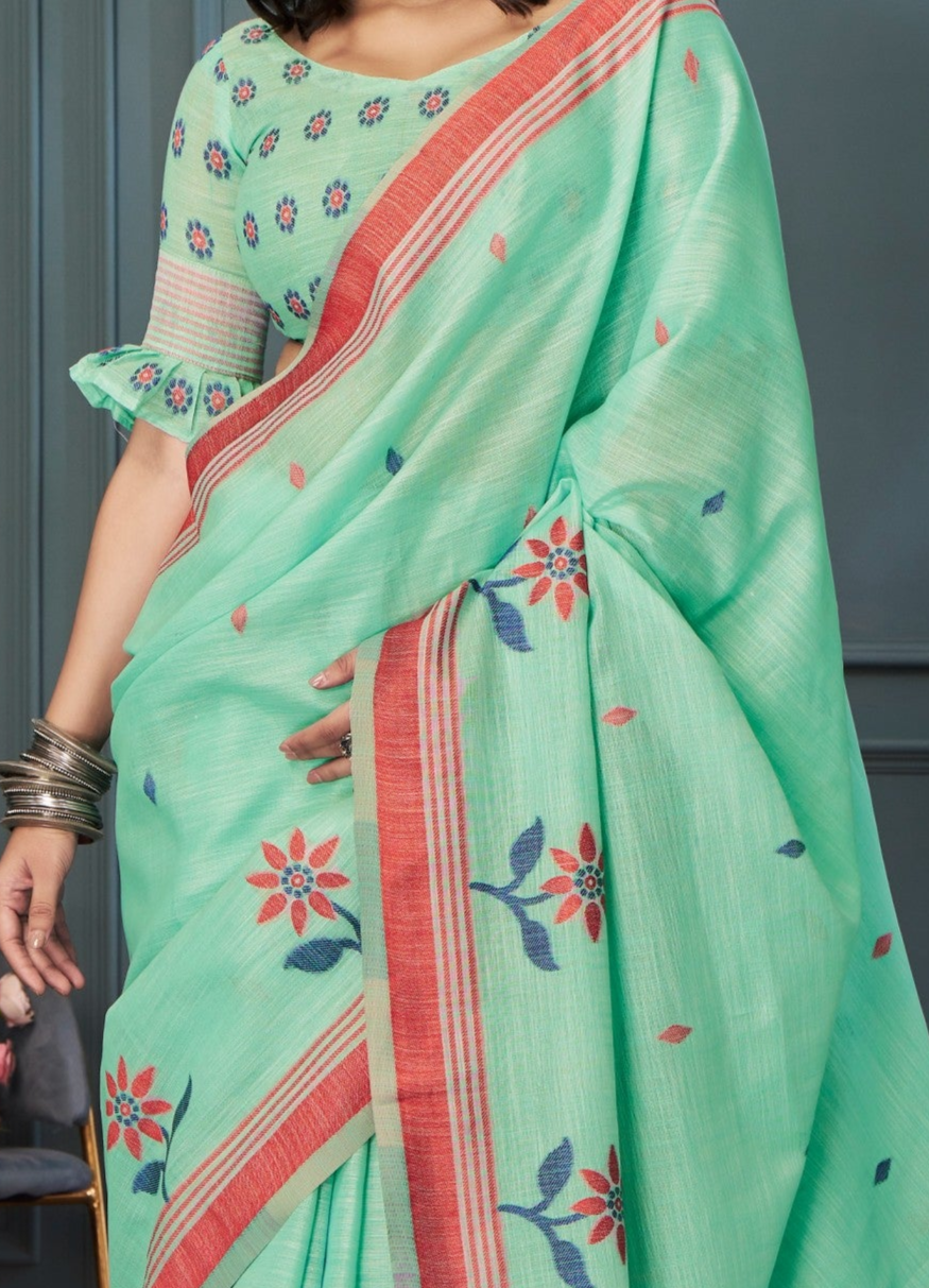 Serene Sea Green Handloom Linen Silk Saree  with Intricate Weaving