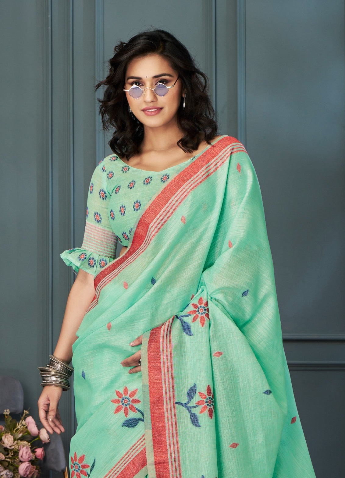 Serene Sea Green Handloom Linen Silk Saree  with Intricate Weaving