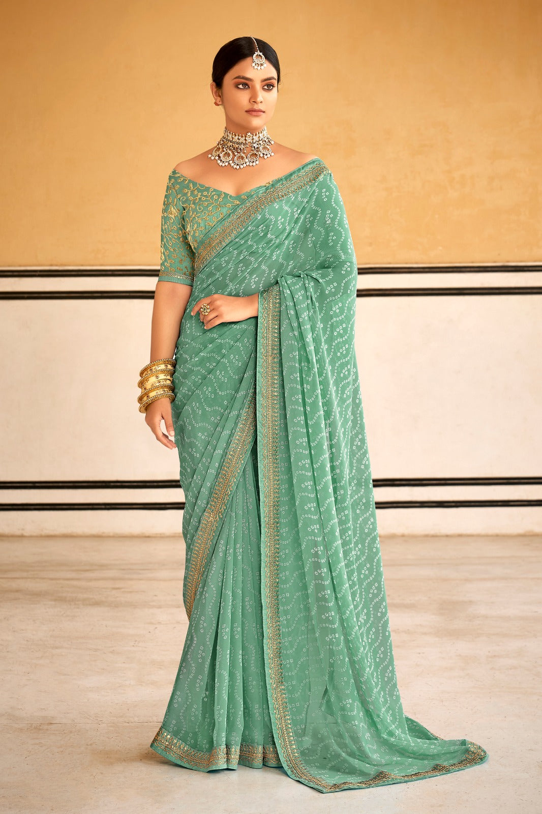 Elegant Turquoise Bandhni Print Saree