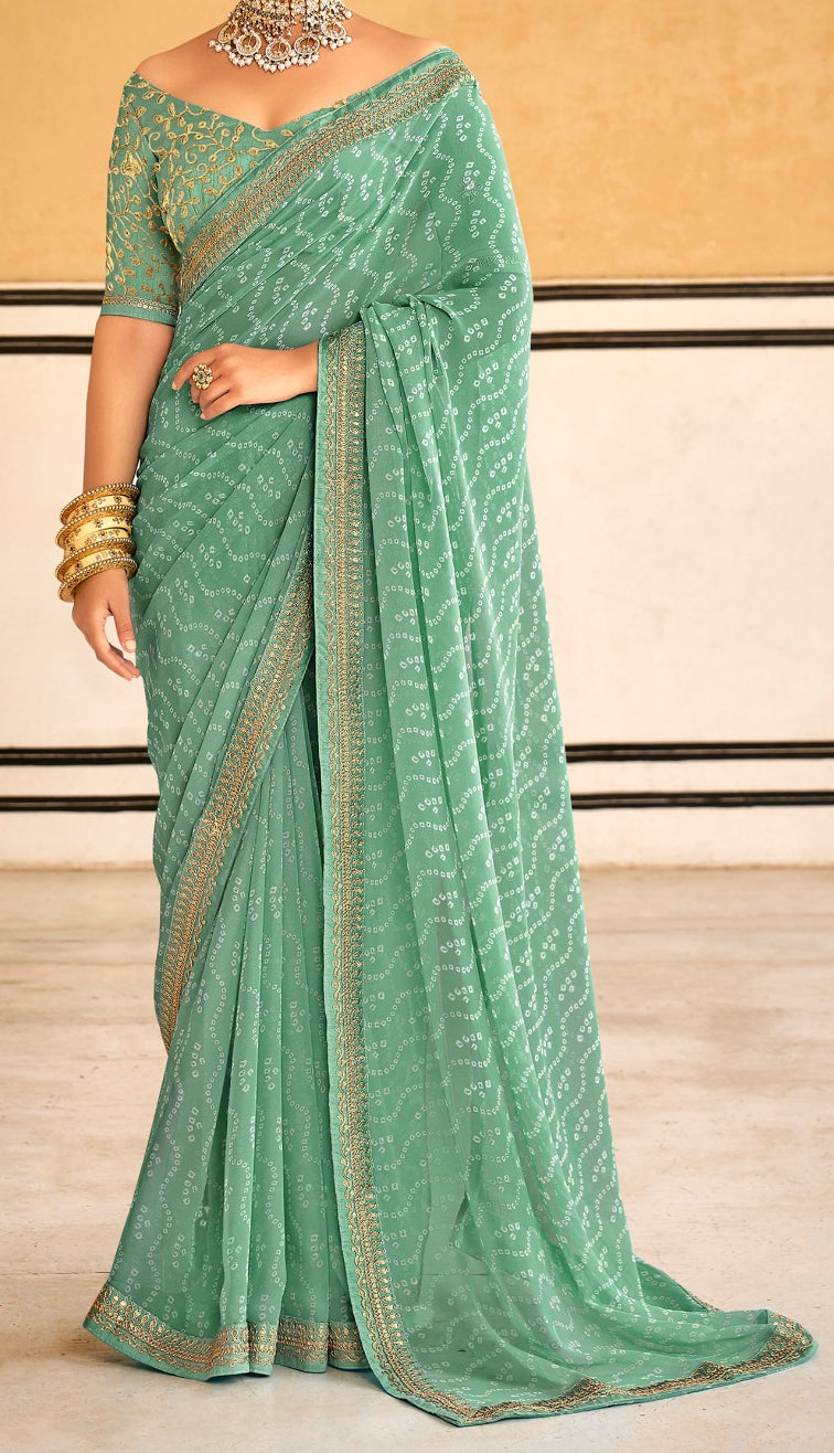 Elegant Turquoise Bandhni Print Saree